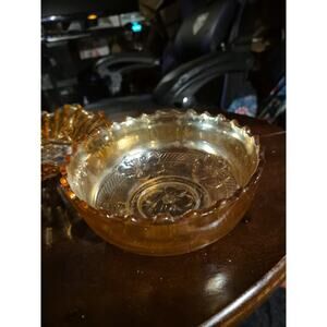 Vintage Dugan Apple Blossoms Marigold Carnival Glass Scalloped Bowl